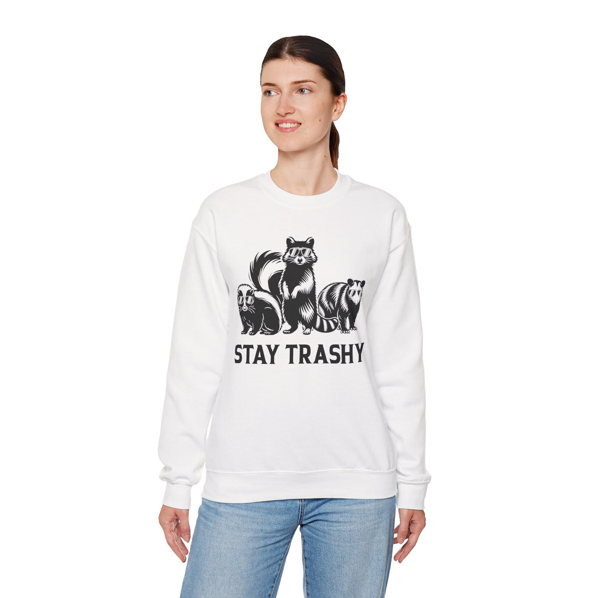 Stay Trashy, Skunk Raccoon Possum – Gildan Heavy Blend | Trendy Women’s and Men's Soft Sweatshirt. Direct to Garment. Printed & Shipped in the USA. Unisex Sizes.
