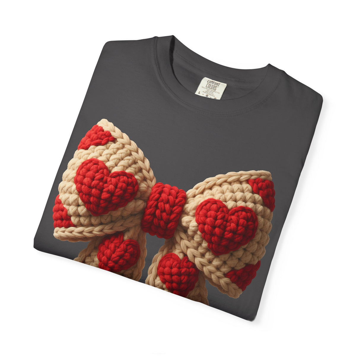 Faux Crochet Valentine Bow - Comfort Colors | Trendy Women's T-Shirt. Direct to Garment. Printed & Shipped in the USA. Unisex Sizes.