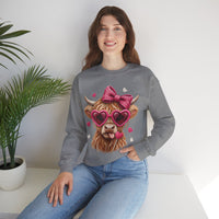 Highland Cow - Pink Heart Shaped Glasses – Gildan Heavy Blend | Trendy Women’s Soft Sweatshirt. Direct to Garment. Printed & Shipped in the USA. Unisex Sizes.