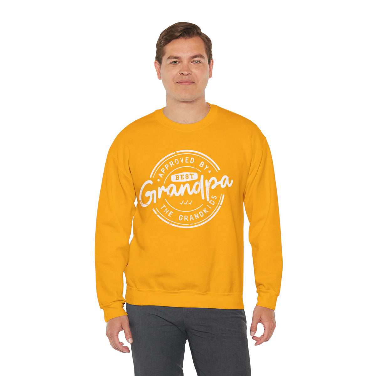 Best Grandpa, Approved by the Grandkids – Gildan Heavy Blend | Trendy Men's Soft Sweatshirt. Direct to Garment. Printed & Shipped in the USA. Unisex Sizes.