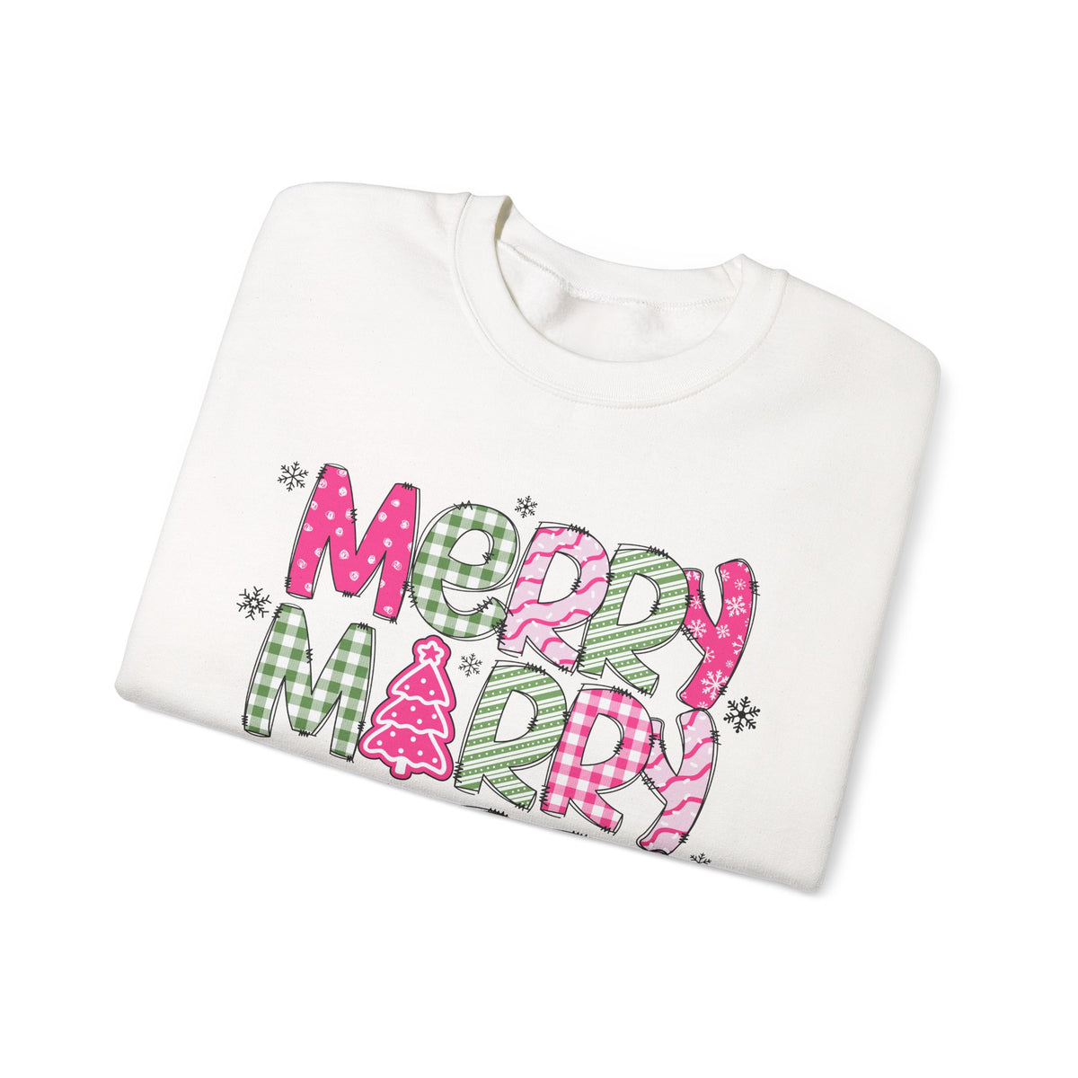 Merry Merry Merry Christmas Festive Candy Cane - Pink and Green – Gildan Heavy Blend | Trendy Women’s Soft Sweatshirt. Direct to Garment. Printed & Shipped in the USA. Unisex Sizes.