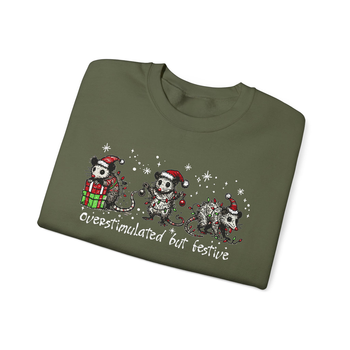 Overstimulated But Festive Christmas Possums – Gildan Heavy Blend | Trendy Women’s and Men's Soft Sweatshirt. Direct to Garment. Printed & Shipped in the USA. Unisex Sizes.