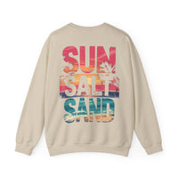 Sun Salt Sand, Beach Sunset - Front & Back Print – Gildan Heavy Blend | Trendy Women’s and Men's Soft Sweatshirt. Direct to Garment. Printed & Shipped in the USA. Unisex Sizes.