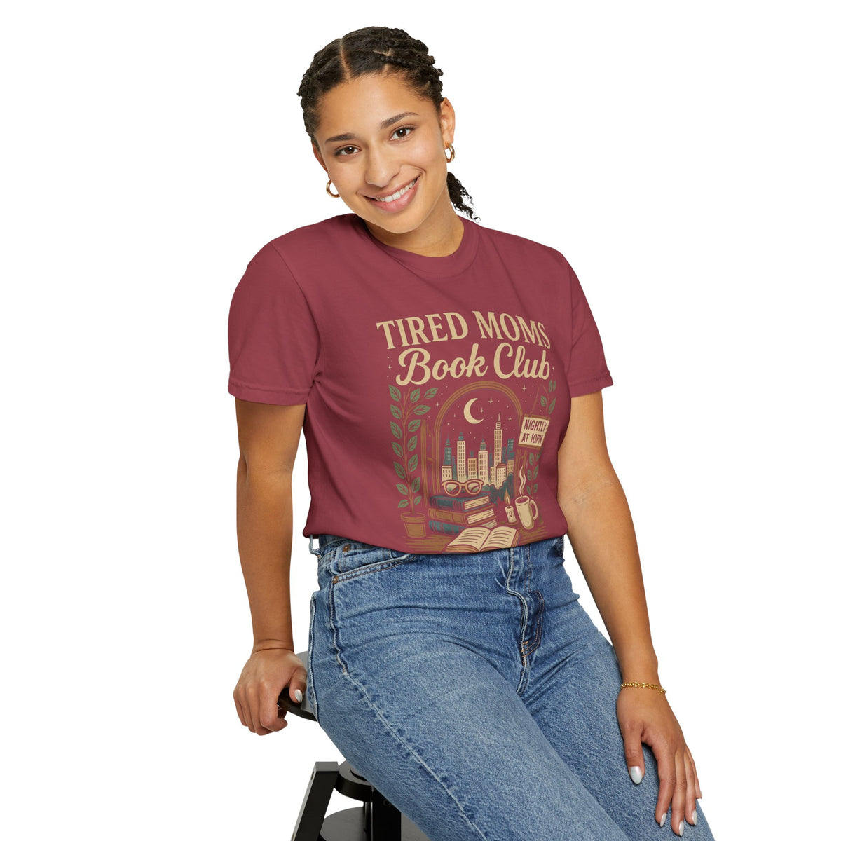 Tired Moms Book Club Running on Coffee and Chapters - Comfort Colors | Trendy Women's T-Shirt. Direct to Garment. Printed & Shipped in the USA. Unisex Sizes.
