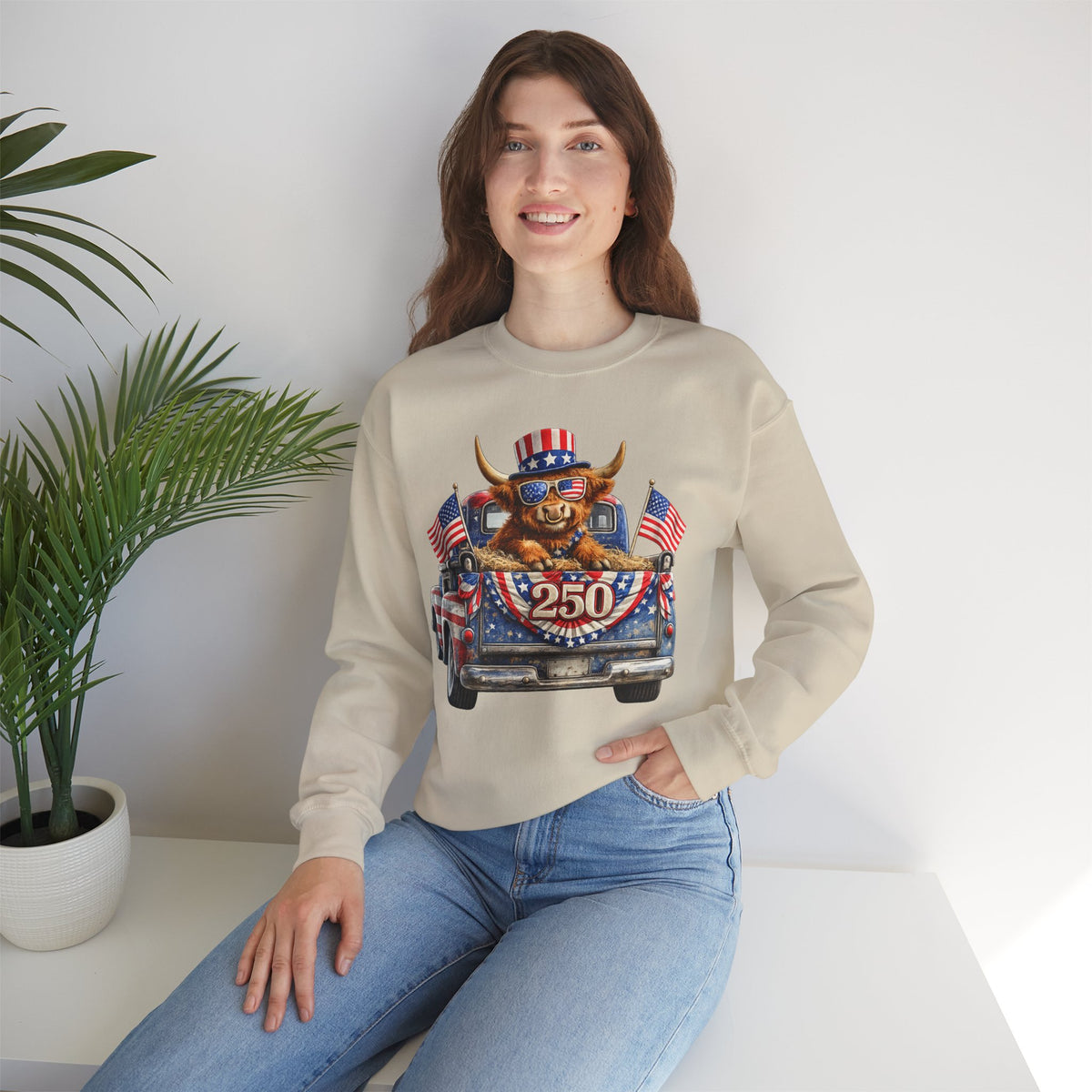 Patriotic Highland, America's 250th Birthday – Gildan Heavy Blend | Trendy Women’s and Men's Soft Sweatshirt. Direct to Garment. Printed & Shipped in the USA. Unisex Sizes.