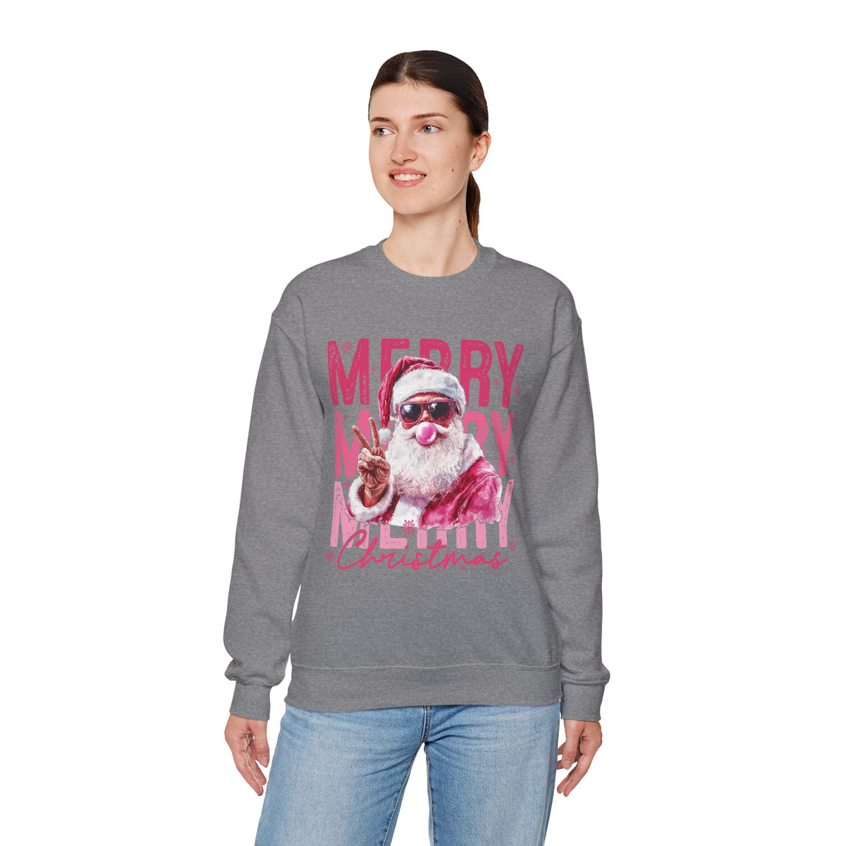 Pink Merry Christmas Bubblegum Santa – Gildan Heavy Blend | Trendy Women’s Soft Sweatshirt. Direct to Garment. Printed & Shipped in the USA. Unisex Sizes.