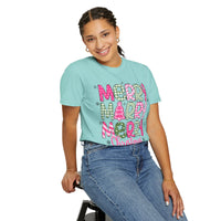 Merry Merry Merry Christmas, Festive Candy Cane & Pink and Green Plaid - Comfort Colors | Trendy Women's T-Shirt. Direct to Garment. Printed & Shipped in the USA. Unisex Sizes.