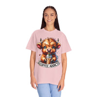 Coffee Addict Highland Cow Drinking Iced Coffee - Comfort Colors | Trendy Women's T-Shirt. Direct to Garment. Printed & Shipped in the USA. Unisex Sizes.