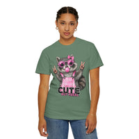 Cute But Feral, Raccoon in Pink Bibs - Comfort Colors | Trendy Women's T-Shirt. Direct to Garment. Printed & Shipped in the USA. Unisex Sizes.