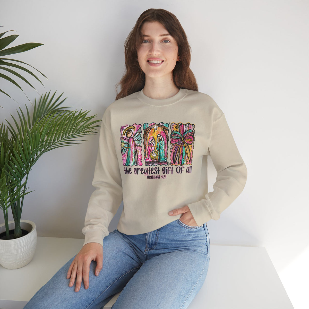 The Greatest Gift of All, Christian Tee - Preppy Watercolor – Gildan Heavy Blend | Trendy Women’s Soft Sweatshirt. Direct to Garment. Printed & Shipped in the USA. Unisex Sizes.