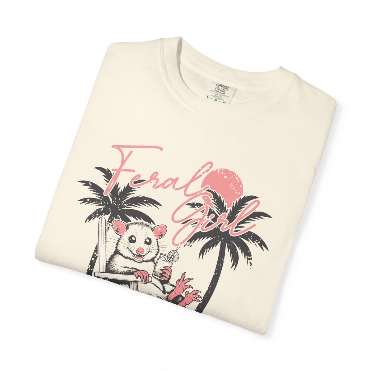 Feral Girl Summer, Possum on a Beach - Comfort Colors | Trendy Women's T-Shirt. Direct to Garment. Printed & Shipped in the USA. Unisex Sizes.