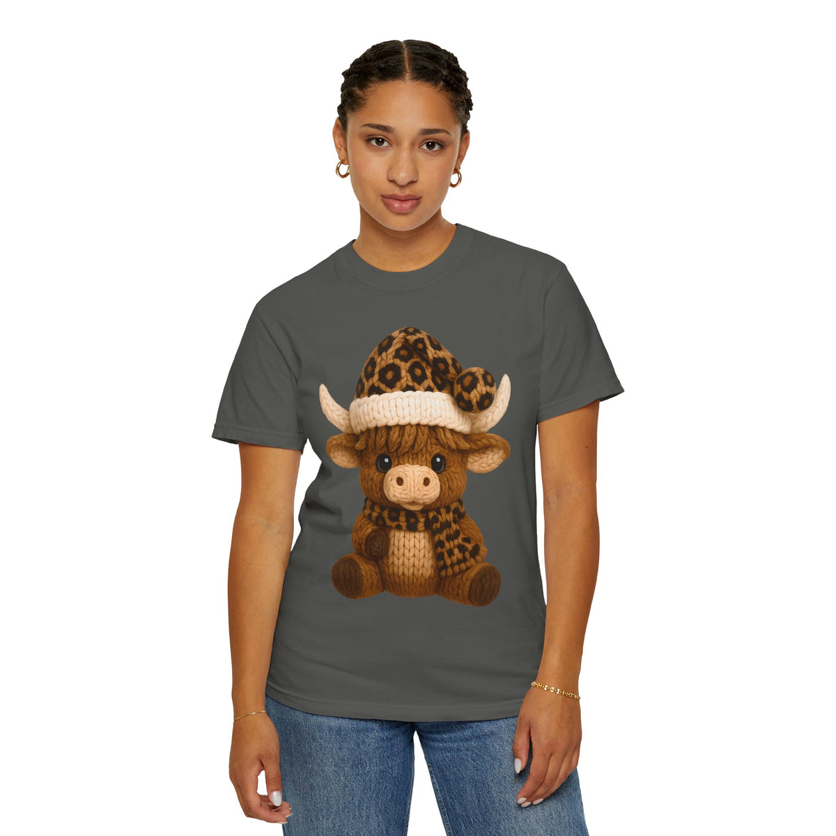 Cute Highland Cow with Leopard Santa Hat Christmas - Comfort Colors | Trendy Women's T-Shirt. Direct to Garment. Printed & Shipped in the USA. Unisex Sizes.