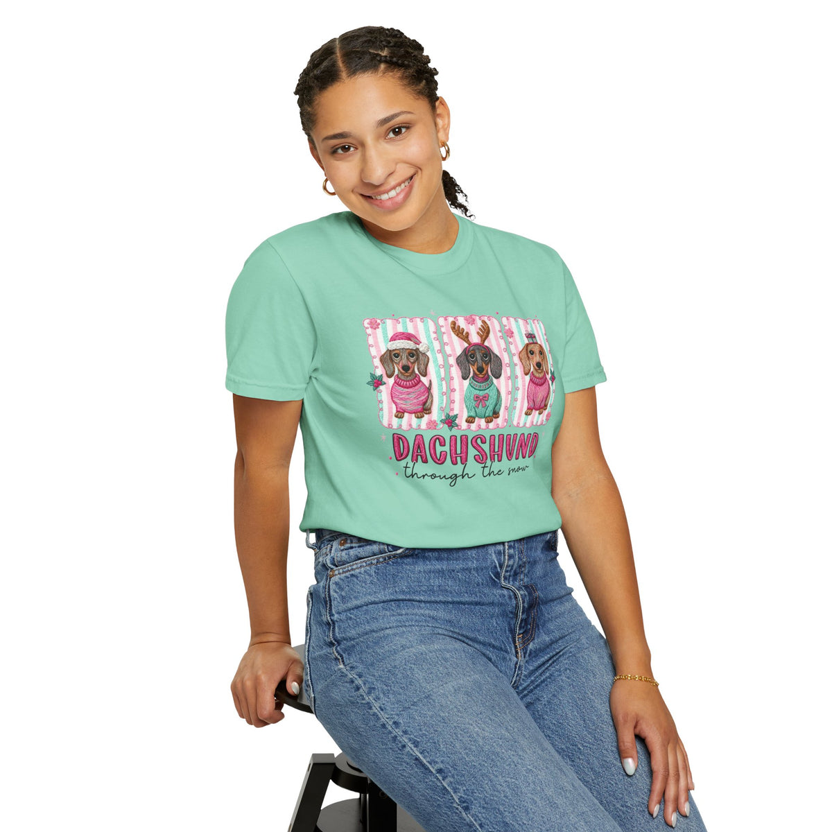 Dachshund Through the Snow - Comfort Colors | Trendy Women's T-Shirt. Direct to Garment. Printed & Shipped in the USA. Unisex Sizes.