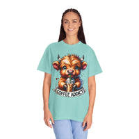 Coffee Addict Highland Cow Drinking Iced Coffee - Comfort Colors | Trendy Women's T-Shirt. Direct to Garment. Printed & Shipped in the USA. Unisex Sizes.