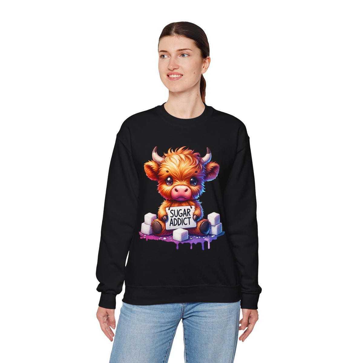 Sugar Addict Highland Cow – Gildan Heavy Blend | Trendy Women’s Soft Sweatshirt. Direct to Garment. Printed & Shipped in the USA. Unisex Sizes.
