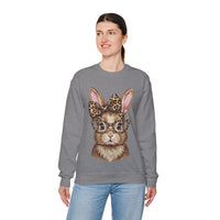 Bunny with Leopard Glasses and Bow – Gildan Heavy Blend | Trendy Women’s Soft Sweatshirt. Direct to Garment. Printed & Shipped in the USA. Unisex Sizes.
