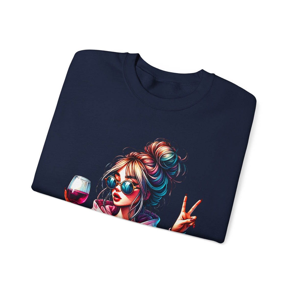 Dramatic Girl With Wine Messy Bun Peace Sign – Gildan Heavy Blend | Trendy Women’s Soft Sweatshirt. Direct to Garment. Printed & Shipped in the USA. Unisex Sizes.