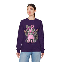 Cute But Feral, Raccoon in Pink Bibs – Gildan Heavy Blend | Trendy Women’s Soft Sweatshirt. Direct to Garment. Printed & Shipped in the USA. Unisex Sizes.