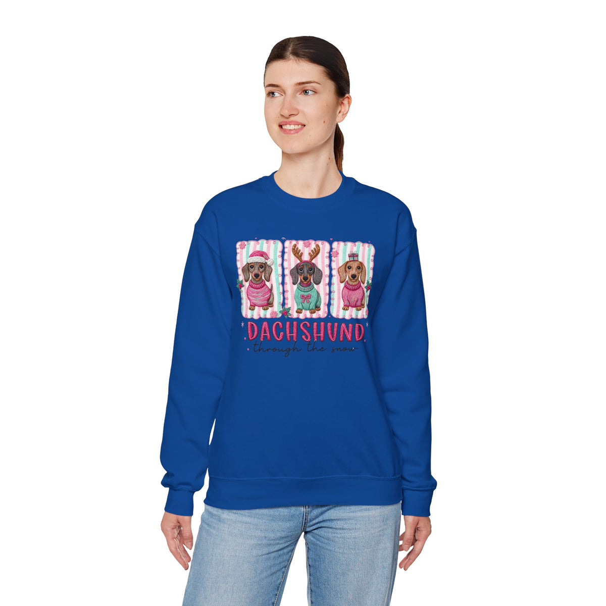 Dachshund Through the Snow – Gildan Heavy Blend | Trendy Women’s Soft Sweatshirt. Direct to Garment. Printed & Shipped in the USA. Unisex Sizes.