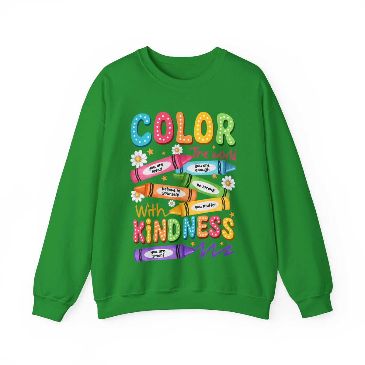 Color the World With Kindness Crayons, Great Teacher Gift – Gildan Heavy Blend | Trendy Women’s and Men's Soft Sweatshirt. Direct to Garment. Printed & Shipped in the USA. Unisex Sizes.