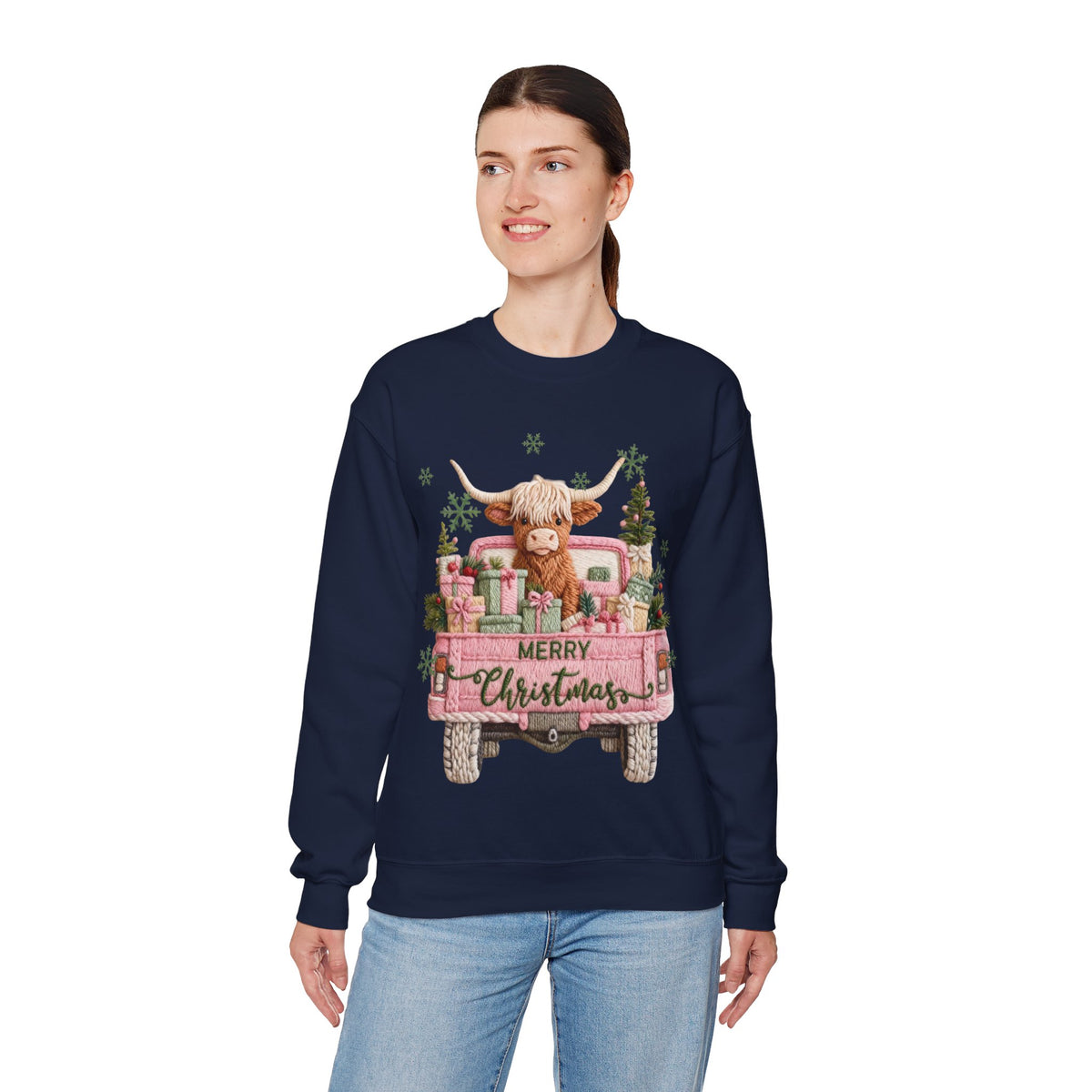 Highland Cow in Pink Truck Merry Christmas Holiday Farmhouse – Gildan Heavy Blend | Trendy Women’s Soft Sweatshirt. Direct to Garment. Printed & Shipped in the USA. Unisex Sizes.