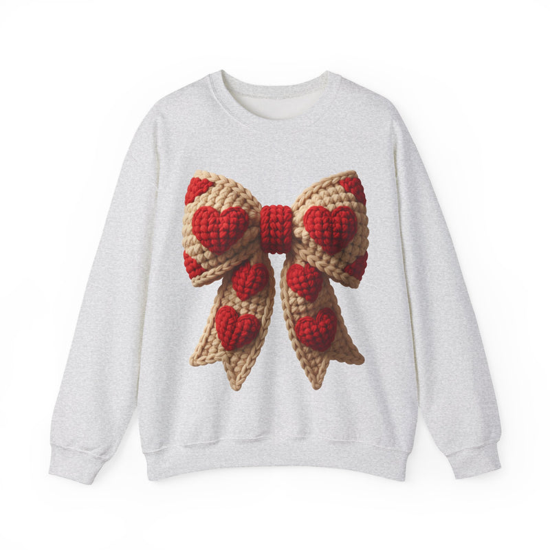 Faux Crochet Valentine Bow – Gildan Heavy Blend | Trendy Women’s Soft Sweatshirt. Direct to Garment. Printed & Shipped in the USA. Unisex Sizes.