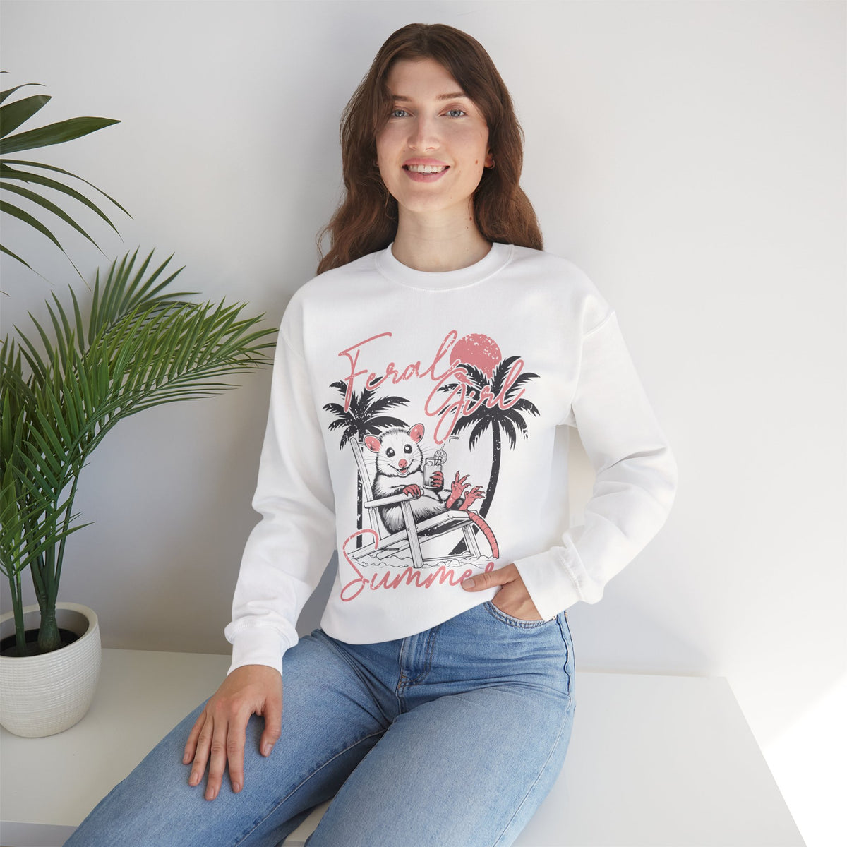 Feral Girl Summer, Possum on a Beach – Gildan Heavy Blend | Trendy Women’s Soft Sweatshirt. Direct to Garment. Printed & Shipped in the USA. Unisex Sizes.