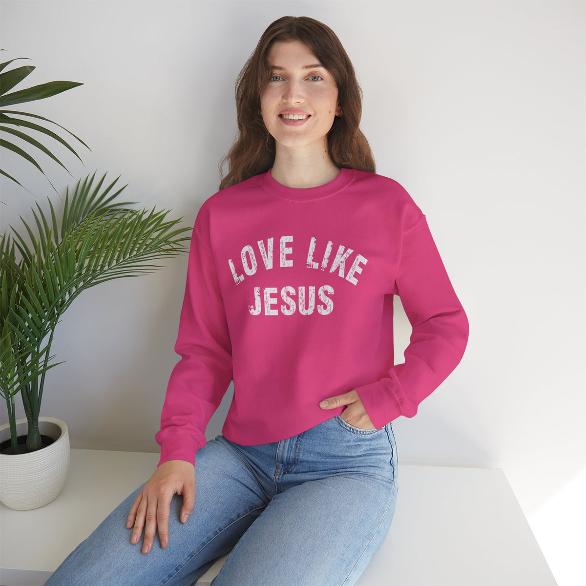 Love Like Jesus - Distressed – Gildan Heavy Blend | Trendy Men's and Women’s Soft Sweatshirt. Direct to Garment. Printed & Shipped in the USA. Unisex Sizes.