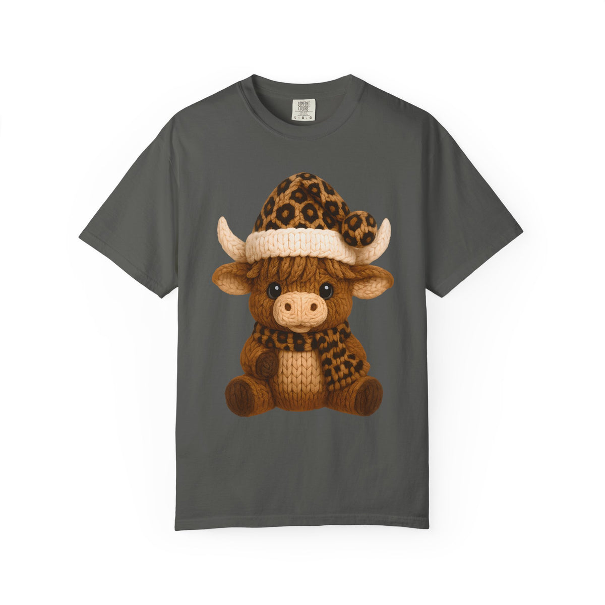 Cute Highland Cow with Leopard Santa Hat Christmas - Comfort Colors | Trendy Women's T-Shirt. Direct to Garment. Printed & Shipped in the USA. Unisex Sizes.