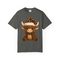 Cute Highland Cow with Leopard Santa Hat Christmas - Comfort Colors | Trendy Women's T-Shirt. Direct to Garment. Printed & Shipped in the USA. Unisex Sizes.