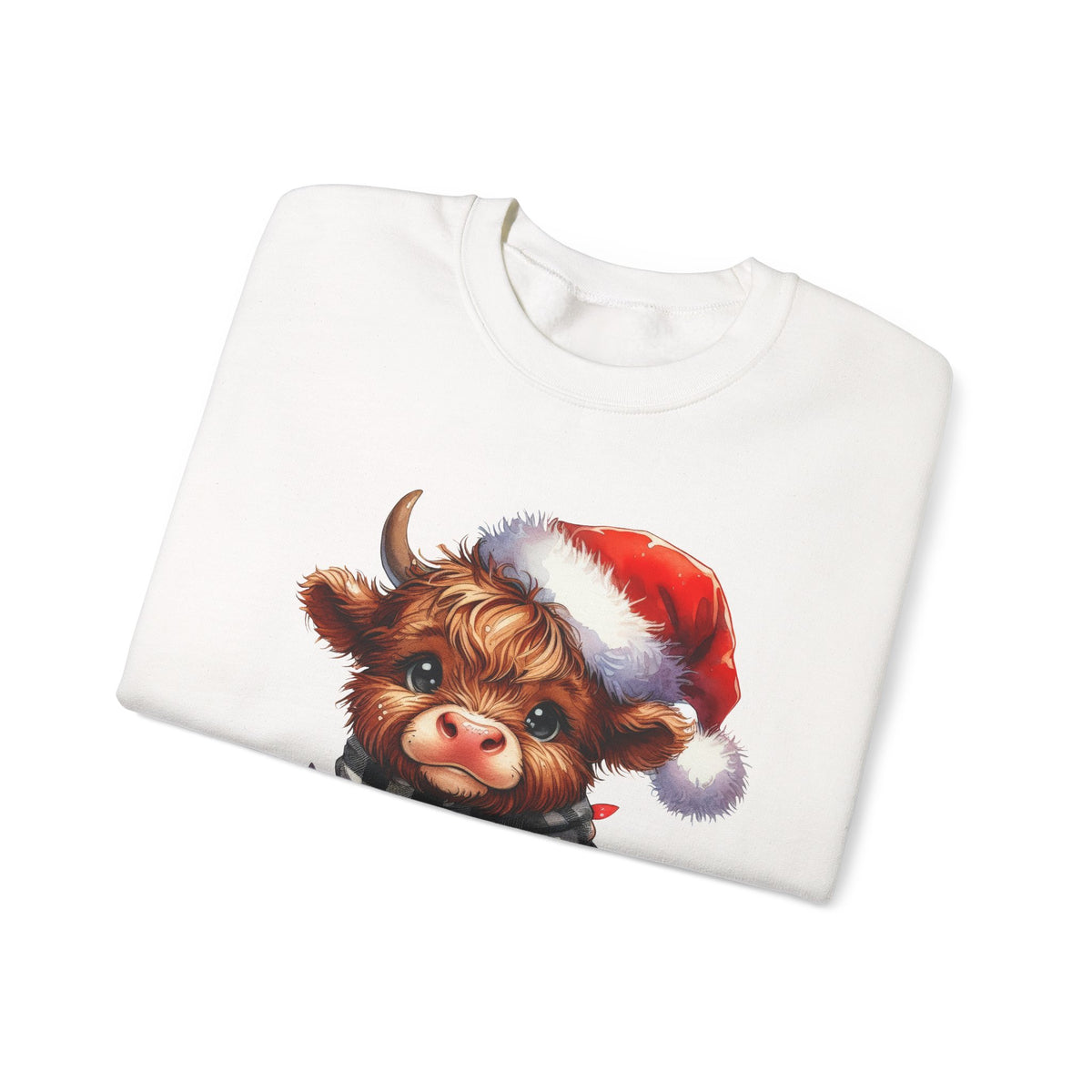 Cute Highland Cow Santa Hat Scarf Christmas Lights – Gildan Heavy Blend | Trendy Women’s Soft Sweatshirt. Direct to Garment. Printed & Shipped in the USA. Unisex Sizes.