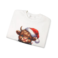 Cute Highland Cow Santa Hat Scarf Christmas Lights – Gildan Heavy Blend | Trendy Women’s Soft Sweatshirt. Direct to Garment. Printed & Shipped in the USA. Unisex Sizes.