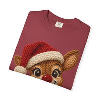 Cute Rudolph Faux Knit Look Reindeer w/Santa Hat - Comfort Colors | Trendy Women's T-Shirt. Direct to Garment. Printed & Shipped in the USA. Unisex Sizes.
