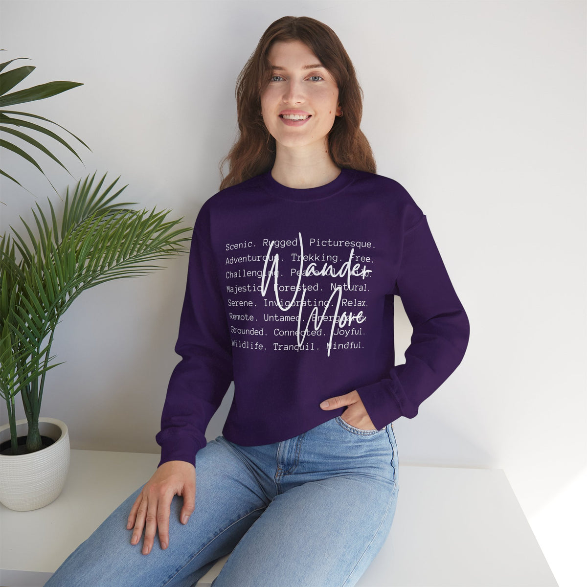 Wander More, Scenic Adventure Typography – Gildan Heavy Blend | Trendy Men's and Women’s Soft Sweatshirt. Direct to Garment. Printed & Shipped in the USA. Unisex Sizes.
