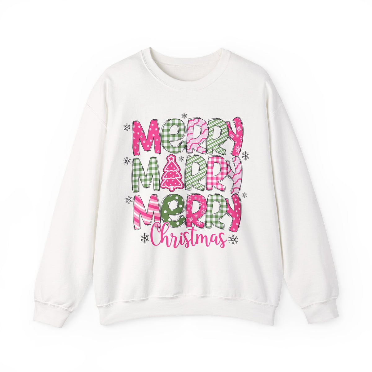 Merry Merry Merry Christmas Festive Candy Cane - Pink and Green – Gildan Heavy Blend | Trendy Women’s Soft Sweatshirt. Direct to Garment. Printed & Shipped in the USA. Unisex Sizes.