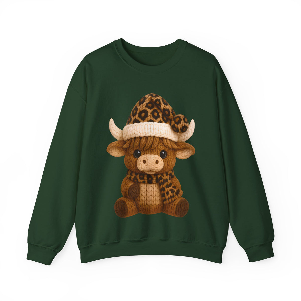 Cute Highland Cow with Leopard Santa Hat Christmas – Gildan Heavy Blend | Trendy Women’s Soft Sweatshirt. Direct to Garment. Printed & Shipped in the USA. Unisex Sizes.