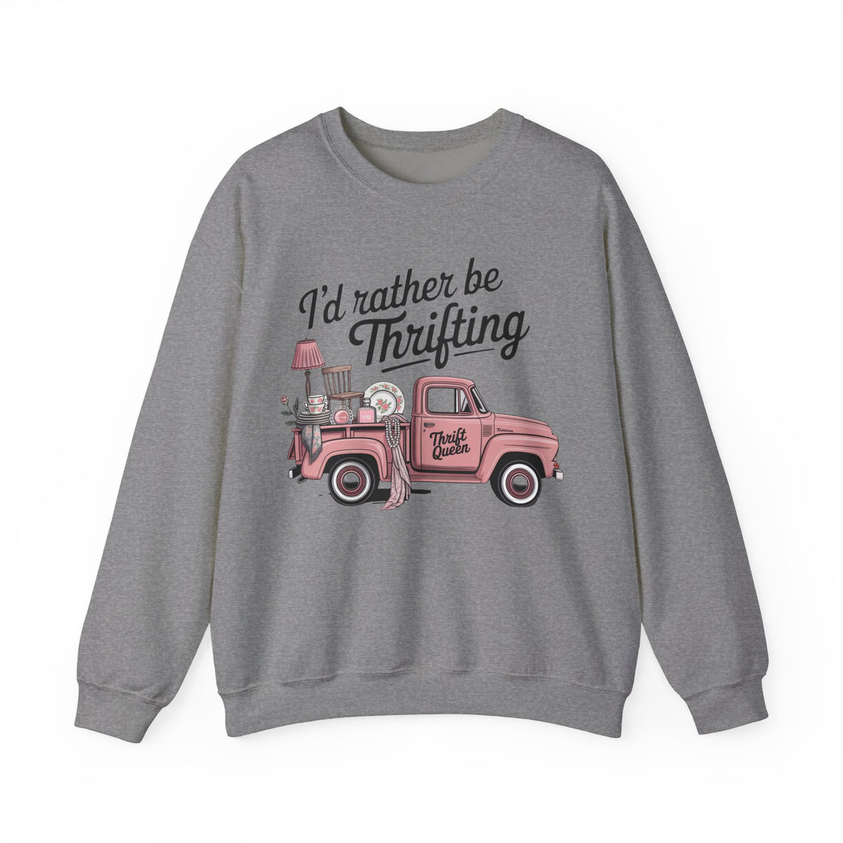 I'd Rather Be Thrifting. Pink Vintage Truck – Gildan Heavy Blend | Trendy Women’s Soft Sweatshirt. Direct to Garment. Printed & Shipped in the USA. Unisex Sizes.