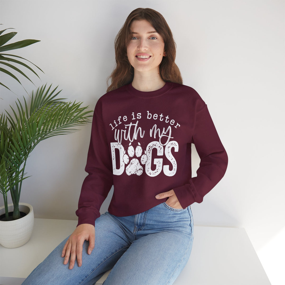 Life Is Better With My Dogs, Distressed – Gildan Heavy Blend | Trendy Women’s and Men's Soft Sweatshirt. Direct to Garment. Printed & Shipped in the USA. Unisex Sizes.