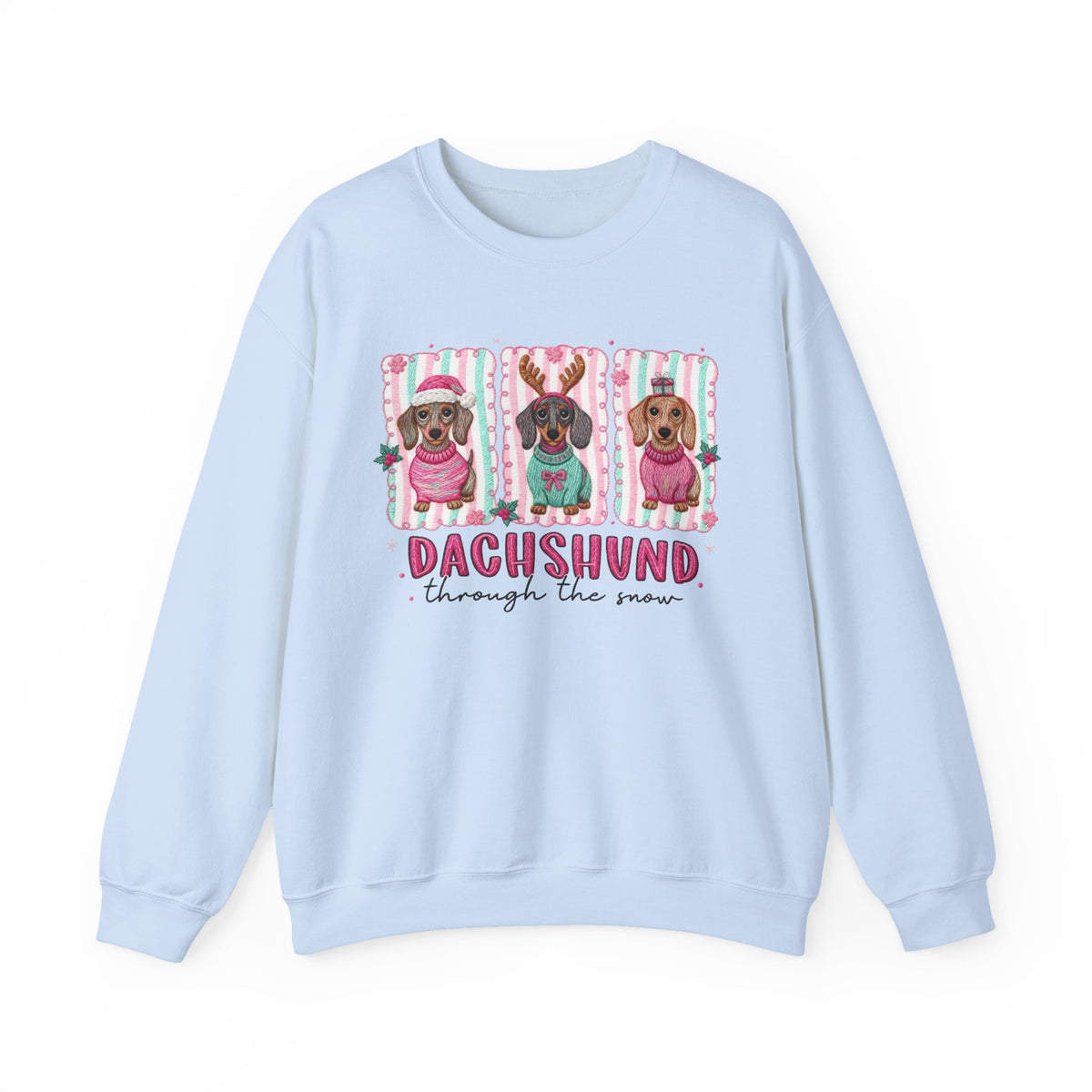 Dachshund Through the Snow – Gildan Heavy Blend | Trendy Women’s Soft Sweatshirt. Direct to Garment. Printed & Shipped in the USA. Unisex Sizes.