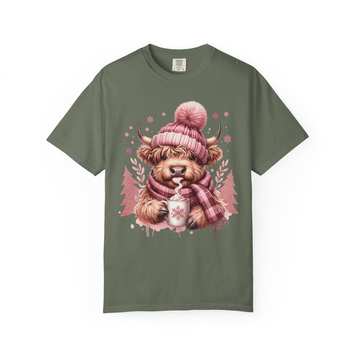 Cozy Highland Cow, Winter Coffee Mug & Scarf - Comfort Colors | Trendy Women's T-Shirt. Direct to Garment. Printed & Shipped in the USA. Unisex Sizes.