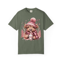 Cozy Highland Cow, Winter Coffee Mug & Scarf - Comfort Colors | Trendy Women's T-Shirt. Direct to Garment. Printed & Shipped in the USA. Unisex Sizes.