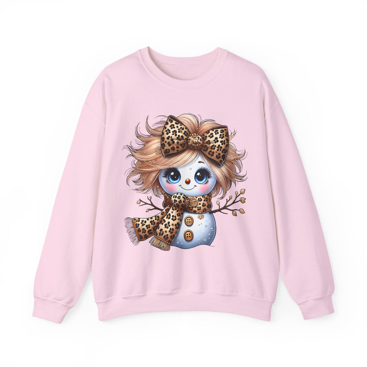 Snowgirl Cute Leopard Bow Snowman, Winter Cozy – Gildan Heavy Blend | Trendy Women’s Soft Sweatshirt. Direct to Garment. Printed & Shipped in the USA. Unisex Sizes.