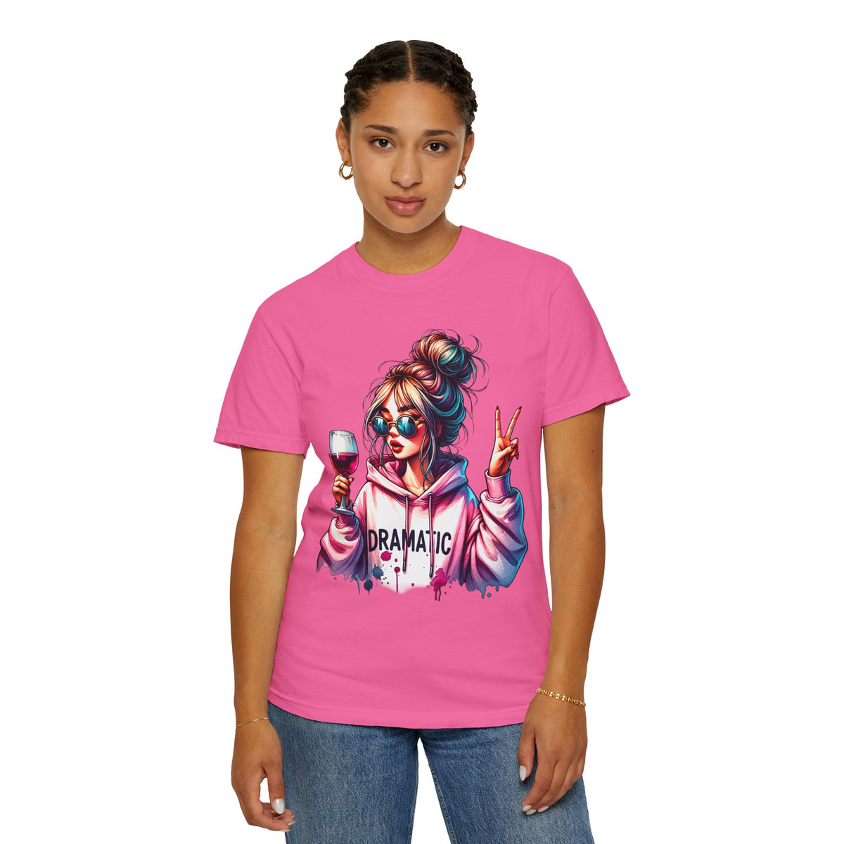 Dramatic Girl With Wine Messy Bun Peace Sign  - Comfort Colors | Trendy Women's T-Shirt. Direct to Garment. Printed & Shipped in the USA. Unisex Sizes.