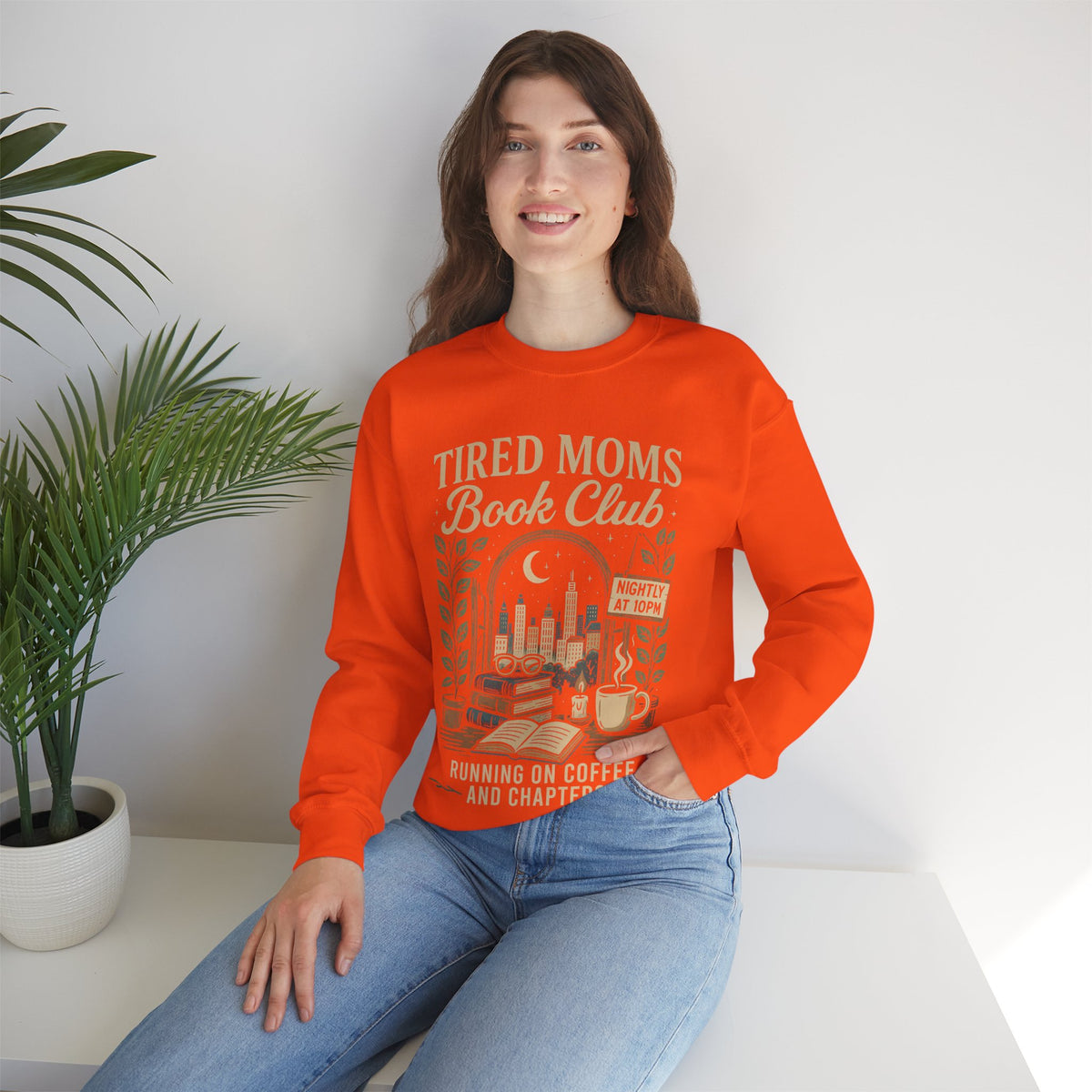 Tired Moms Book Club Running on Coffee and Chapters – Gildan Heavy Blend | Trendy Women’s Soft Sweatshirt. Direct to Garment. Printed & Shipped in the USA. Unisex Sizes.