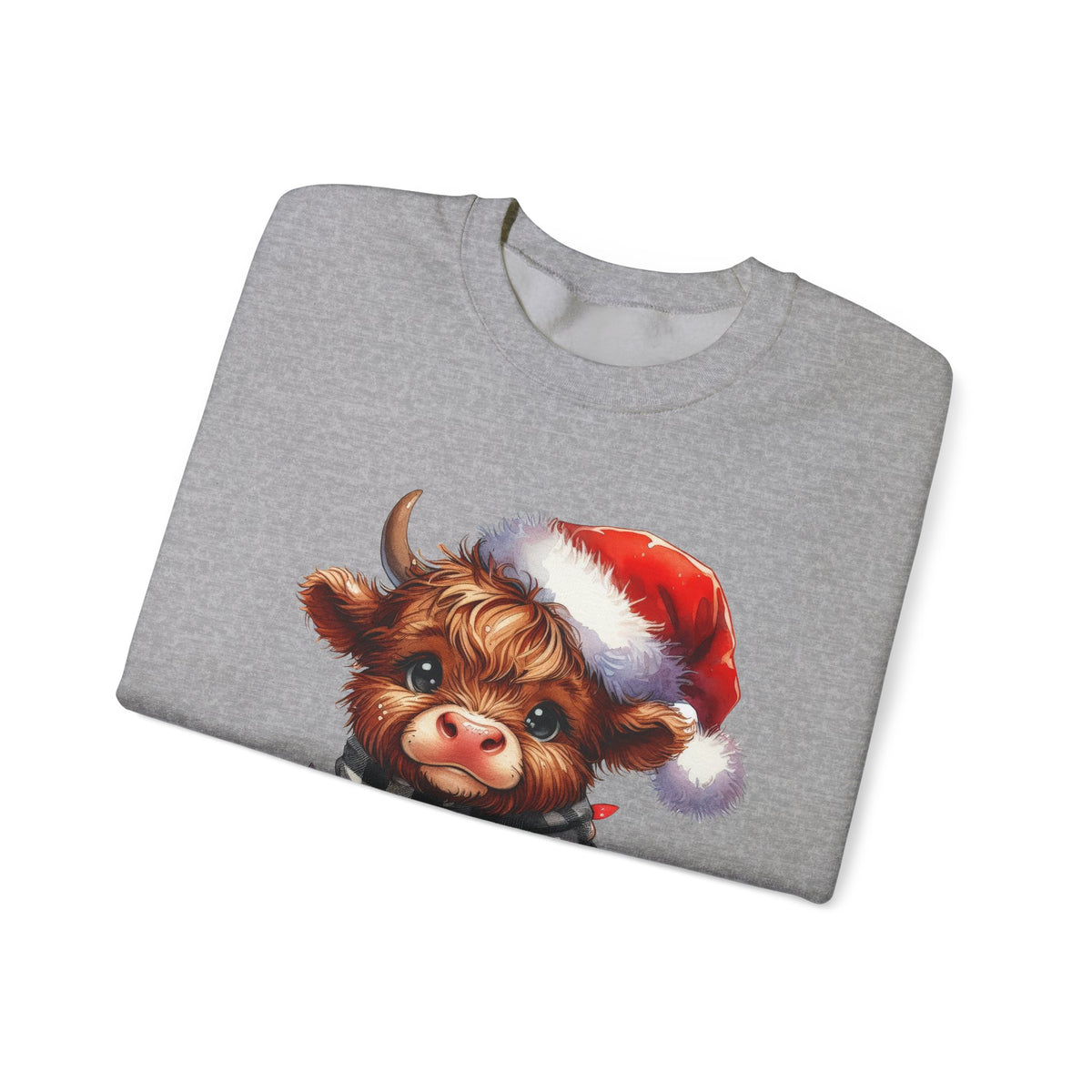 Cute Highland Cow Santa Hat Scarf Christmas Lights – Gildan Heavy Blend | Trendy Women’s Soft Sweatshirt. Direct to Garment. Printed & Shipped in the USA. Unisex Sizes.