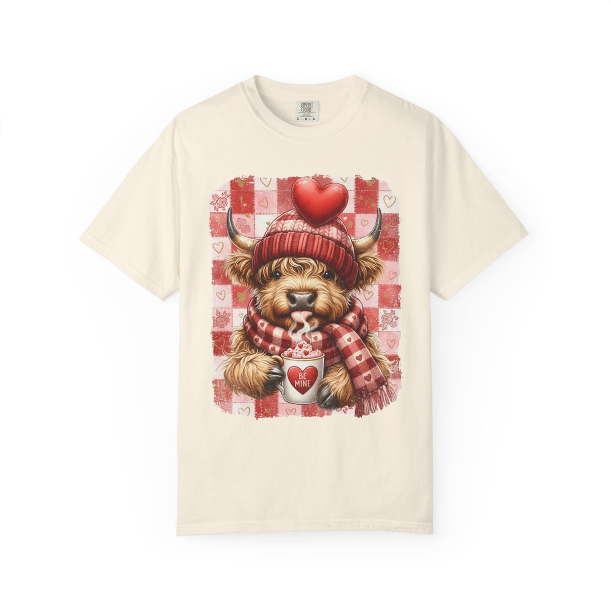 Highland Cow Be Mine, Red Checkered - Comfort Colors | Trendy Women's T-Shirt. Direct to Garment. Printed & Shipped in the USA. Unisex Sizes.