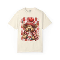 Highland Cow Be Mine, Red Checkered - Comfort Colors | Trendy Women's T-Shirt. Direct to Garment. Printed & Shipped in the USA. Unisex Sizes.