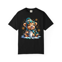 Winter Baby Highland Cow with Cocoa  - Comfort Colors | Trendy Women's T-Shirt. Direct to Garment. Printed & Shipped in the USA. Unisex Sizes.