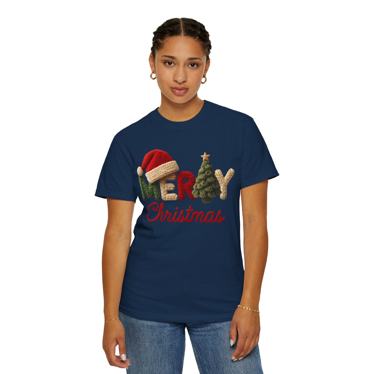 Merry Christmas Faux Yarn w/Santa Hat & Tree - Comfort Colors | Trendy Women's T-Shirt. Direct to Garment. Printed & Shipped in the USA. Unisex Sizes.
