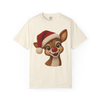 Cute Rudolph Faux Knit Look Reindeer w/Santa Hat - Comfort Colors | Trendy Women's T-Shirt. Direct to Garment. Printed & Shipped in the USA. Unisex Sizes.